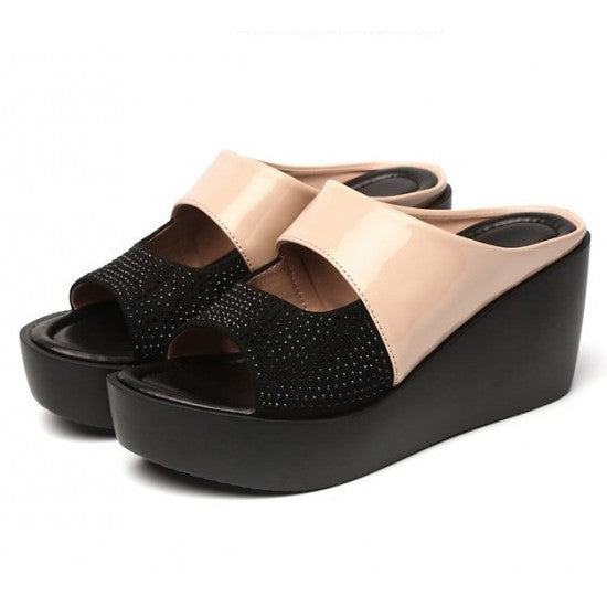 Bold Black Patent Leather Wedge Sandals with Rhinestone Detail S-29