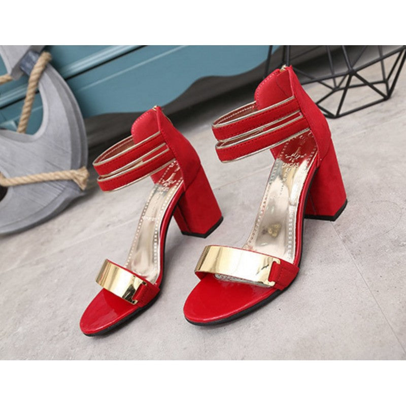Elegant Black and Gold Chunky Heel Sandals S-17