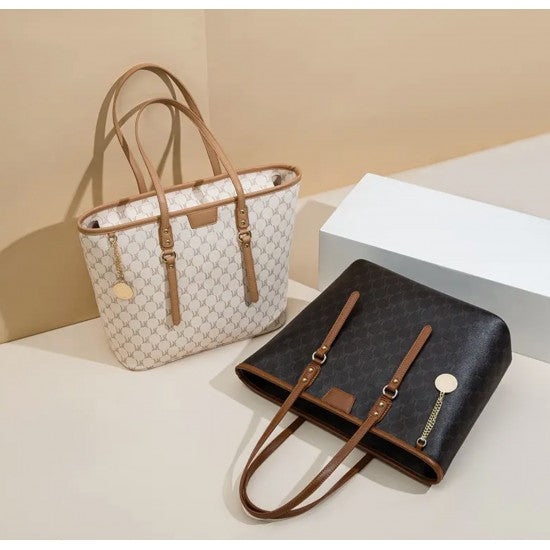 Beige and Brown Shoulder Bag with Leather Straps