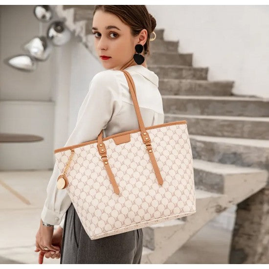 Beige and Brown Shoulder Bag with Leather Straps