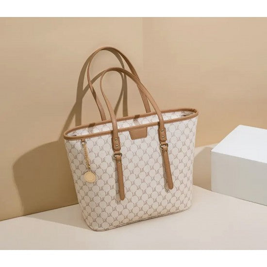 Beige and Brown Shoulder Bag with Leather Straps