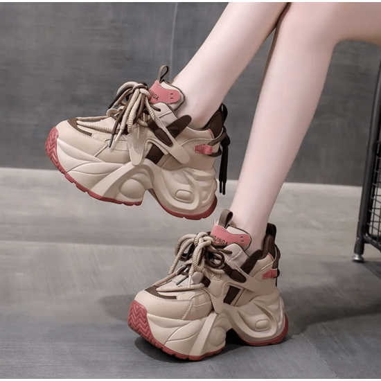 Beige and Pink Chunky Sneakers for Women – Trendy Platform Sports Shoes
