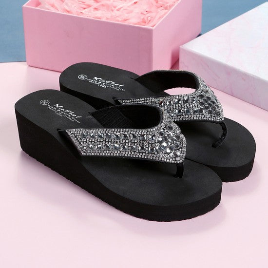 White Elegant Rhinestone Wedge Flip Flops for Women