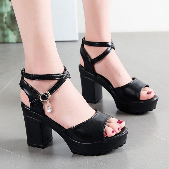 Black Open Toe Chunky High Heels Sandals