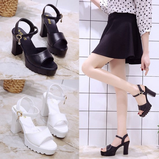 Black Open Toe Chunky High Heels Sandals