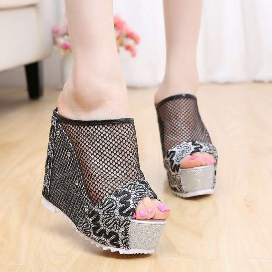 Black Retro Ethnic High Heels Wedge Sandals