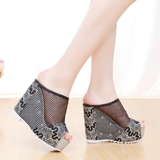 Black Retro Ethnic High Heels Wedge Sandals