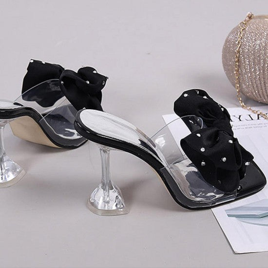 Black Satin Bow High Heel Sandals for Women – Elegant Transparent Stiletto