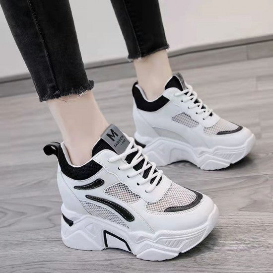 Breathable Mesh Sneakers - Almond Toe Thick Sole Lace Closure
