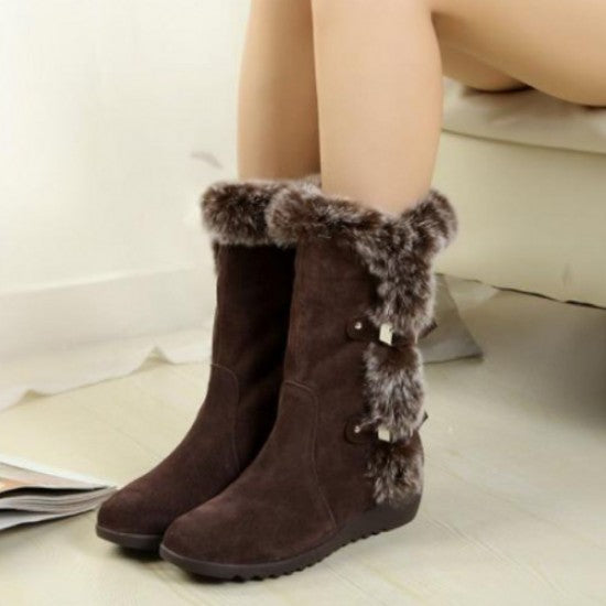 Stylish Mid Calf Suede Boots with Fuzzy Trim and Adorable Details S-35