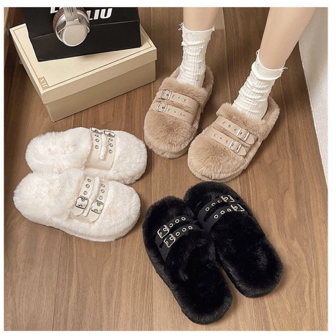 Cozy Slippers for Women with Double Buckle Straps S-179