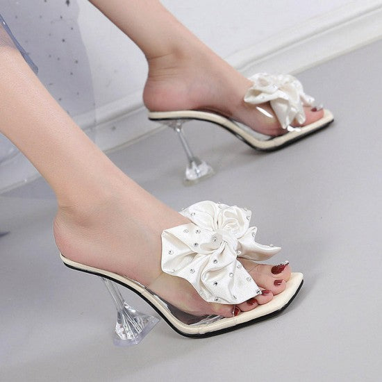 Black Satin Bow High Heel Sandals for Women – Elegant Transparent Stiletto