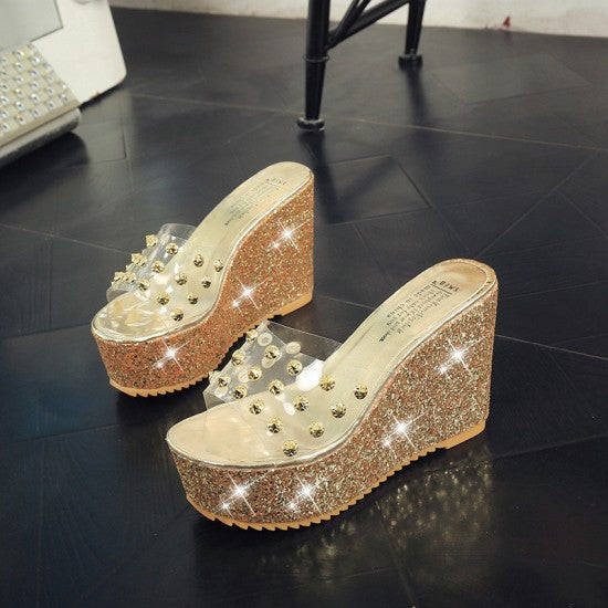 Dotted Transparent Silver Wedge Mules Sandals