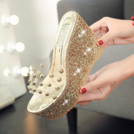 Dotted Transparent Silver Wedge Mules Sandals