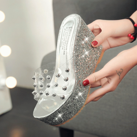 Dotted Transparent Silver Wedge Mules Sandals
