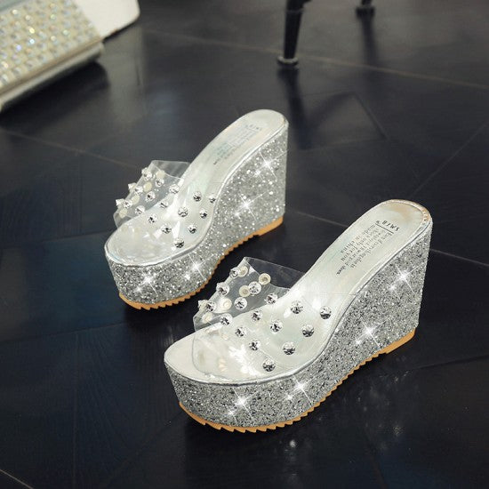 Dotted Transparent Silver Wedge Mules Sandals