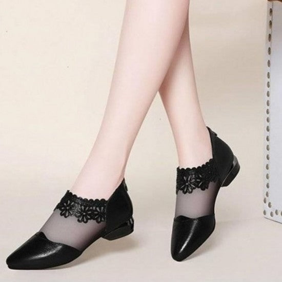 Elegant Black Lace Ankle Flats with Chic Pointed Toe Design
