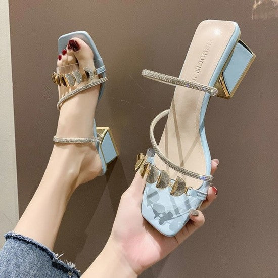 Elegant Blue High Heels with Gold Detailing