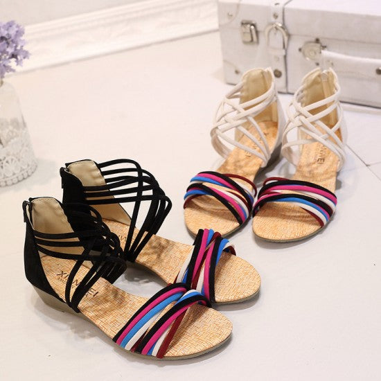 Vibrant Strappy Sandals: Multi-Colored Bands Meet Stylish Black Interwoven Design S-10