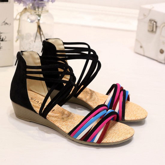 Vibrant Strappy Sandals: Multi-Colored Bands Meet Stylish Black Interwoven Design S-10
