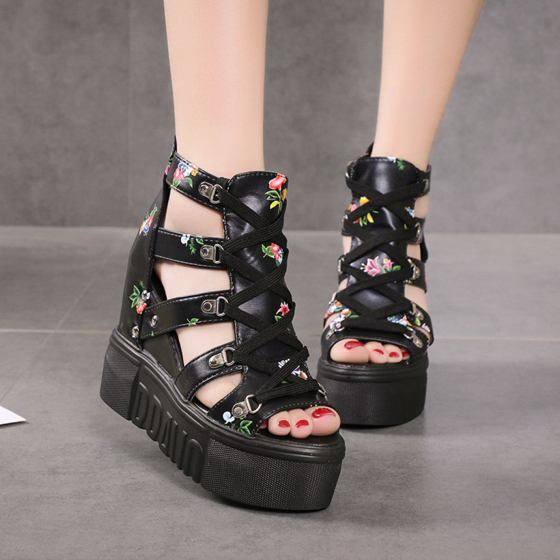 Floral Design High Heels Wedge Sandals S-97