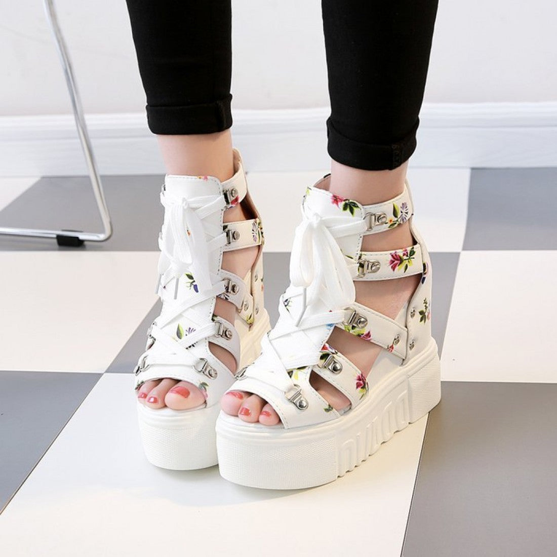 Floral Design High Heels Wedge Sandals S-97