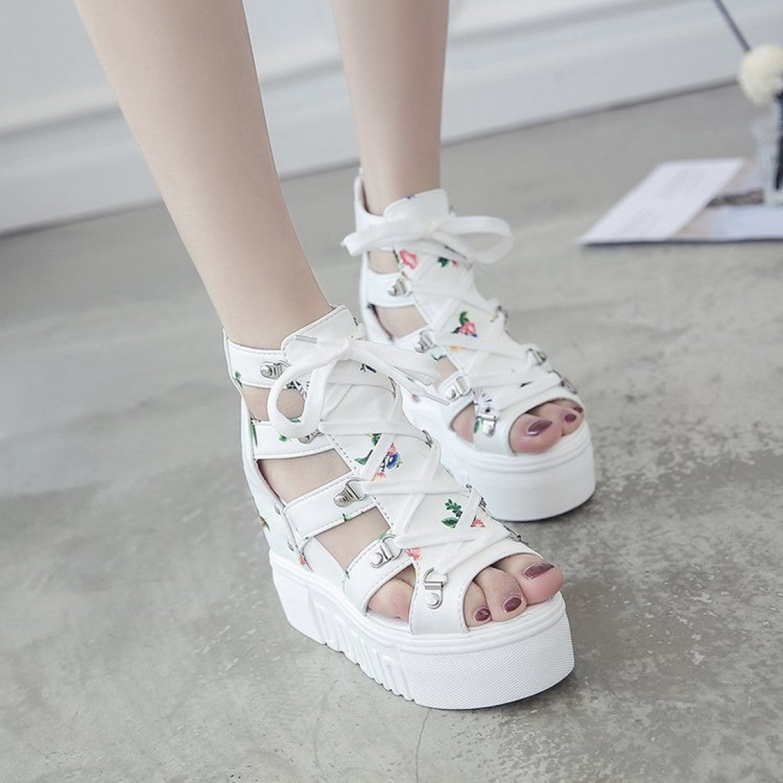 Floral Design High Heels Wedge Sandals S-97