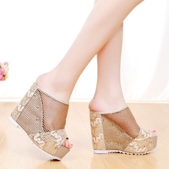 Black Retro Ethnic High Heels Wedge Sandals