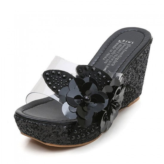 Korean Sequins Flower Transparent Sandals - Gold