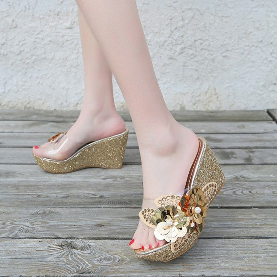 Korean Sequins Flower Transparent Sandals - Gold