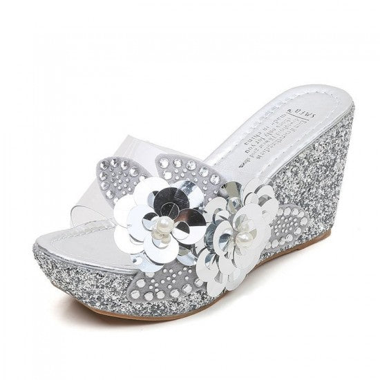 Korean Sequins Flower Transparent Sandals - Gold