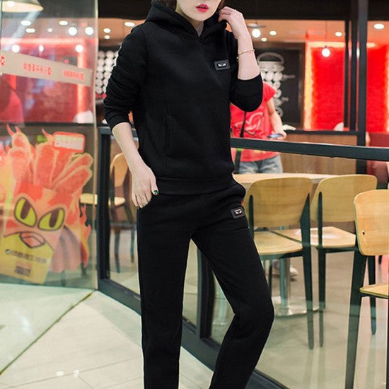 Leisure Hooded Two Piece Sportswear Suit - Black