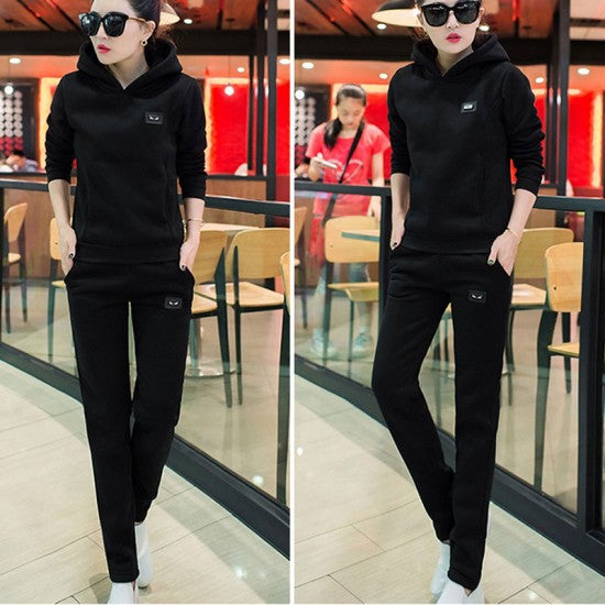 Leisure Hooded Two Piece Sportswear Suit - Black