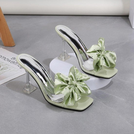 Black Satin Bow High Heel Sandals for Women – Elegant Transparent Stiletto