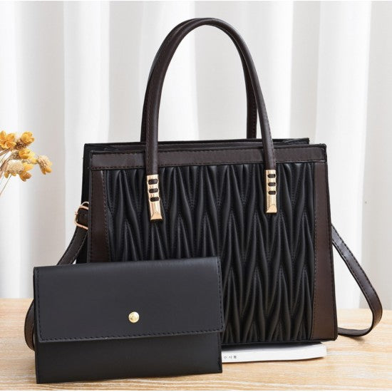 Luxury Diamond Texture Lattice Two Piece Hand Bag Set- Black