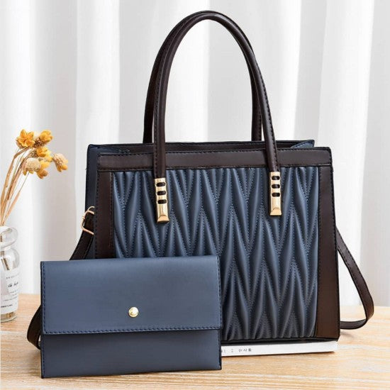 Luxury Diamond Texture Lattice Two Piece Hand Bag Set- Black
