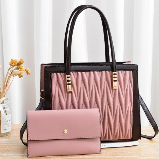 Luxury Diamond Texture Lattice Two Piece Hand Bag Set- Black