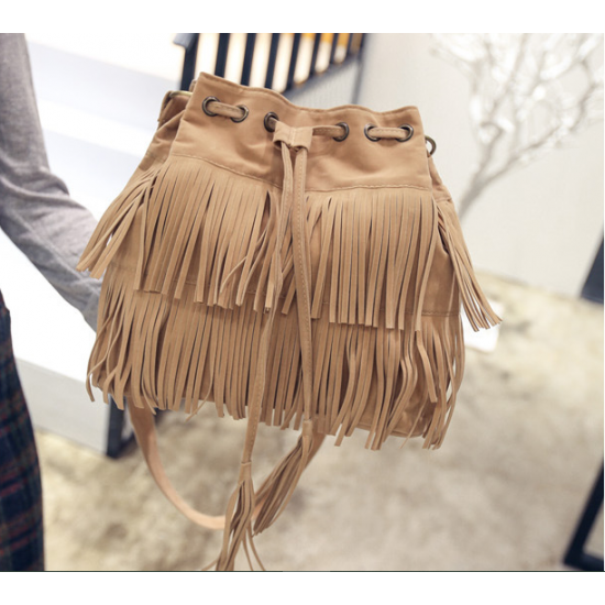 New Simple Retro Tassel Drawstring Bucket Tassel Shoulder Bag - Blue