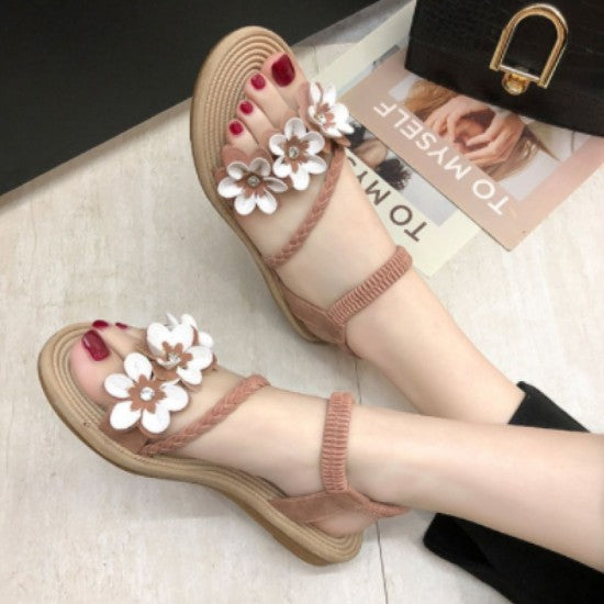 new women Flower style flat Sandal-Black