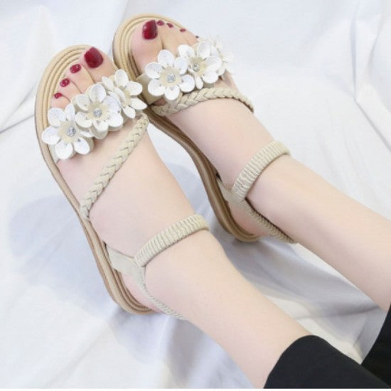 new women Flower style flat Sandal-Black