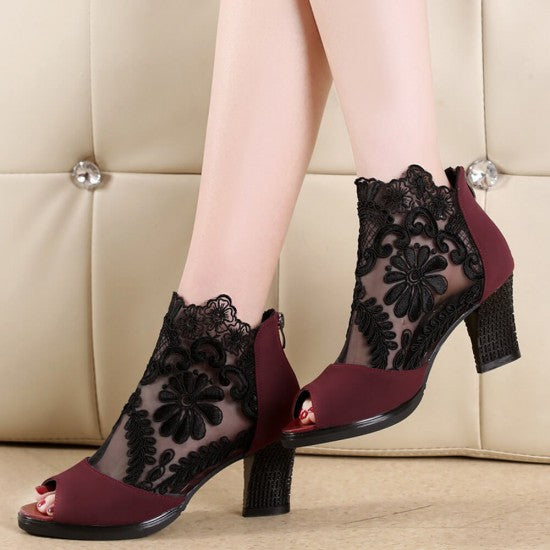 Open Toe High Heel Lace Mesh Sandals S-81