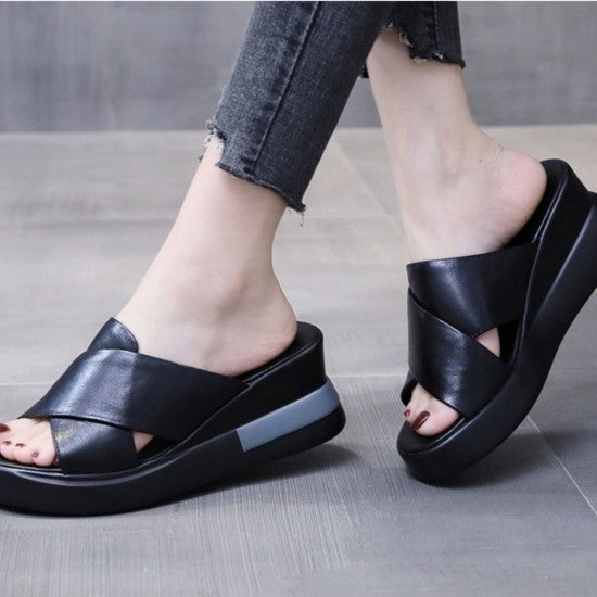 Open Toed Foreign Style Large Size Slope Heel Sandals-White