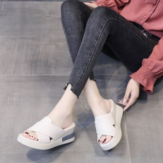 Open Toed Foreign Style Large Size Slope Heel Sandals-White