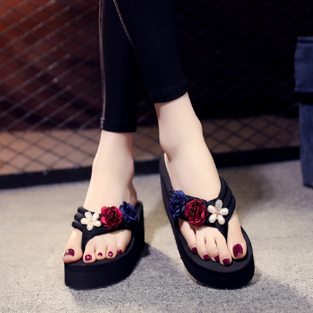 Wedge Slippers with Colorful Flower S-161