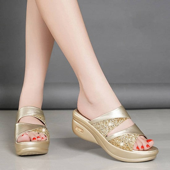 Roman Style Slip On Golden Color Sandals