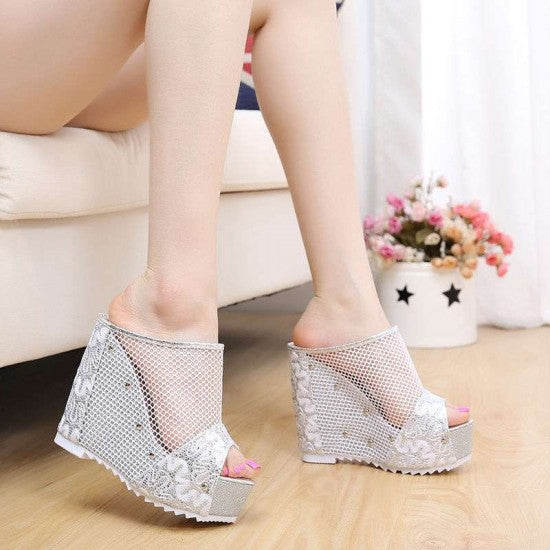 Black Retro Ethnic High Heels Wedge Sandals