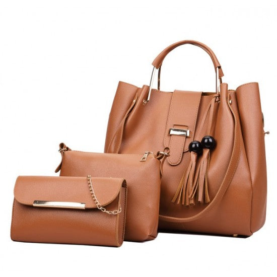 Solid Tassel Hanging PU Pink Leather Bag Set