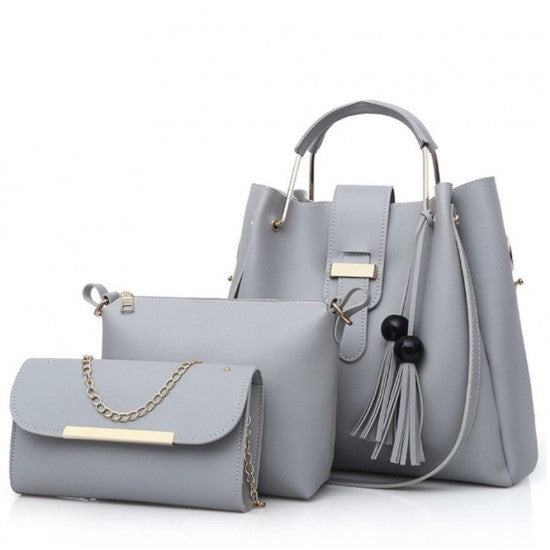 Solid Tassel Hanging PU Pink Leather Bag Set