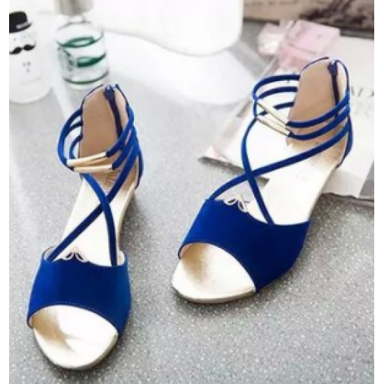 Elegant Strappy Blue Wedge Sandals with Golden Accents
