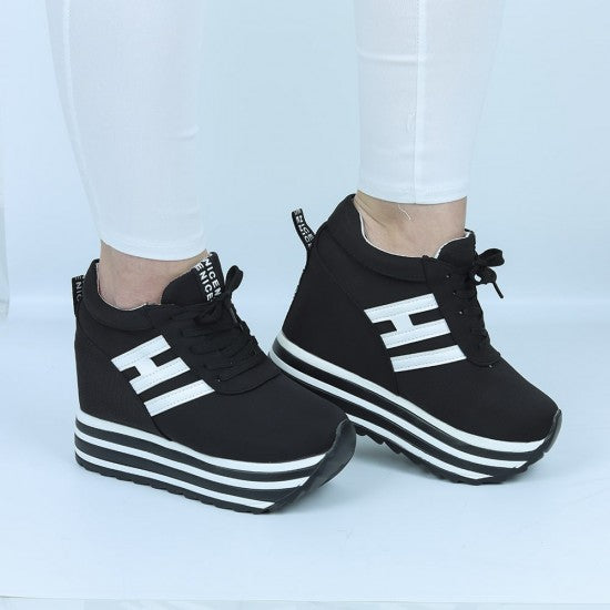Trendy Platform Sneakers with Bold Stripes and Wedge Heel S-34